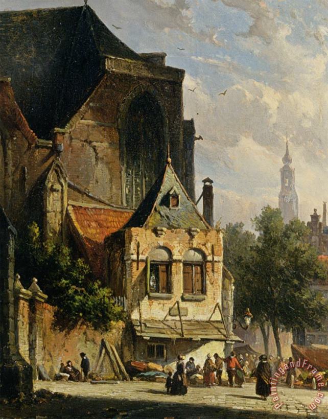 Adrianus Eversen A Busy Market in a Dutch Town Art Painting