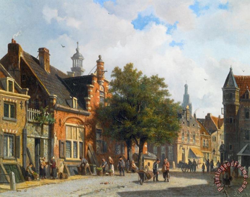 Adrianus Eversen Figures in The Sunlit Streets of a Dutch Town Art Painting