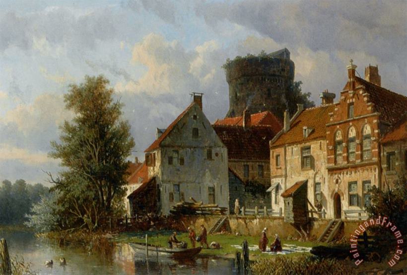 Adrianus Eversen Many Figures in a Waterfront Town Art Print