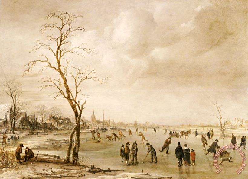 A Winter Landscape With Townsfolk Skating And Playing Kolf On A Frozen River painting - Aert van der Neer A Winter Landscape With Townsfolk Skating And Playing Kolf On A Frozen River Art Print