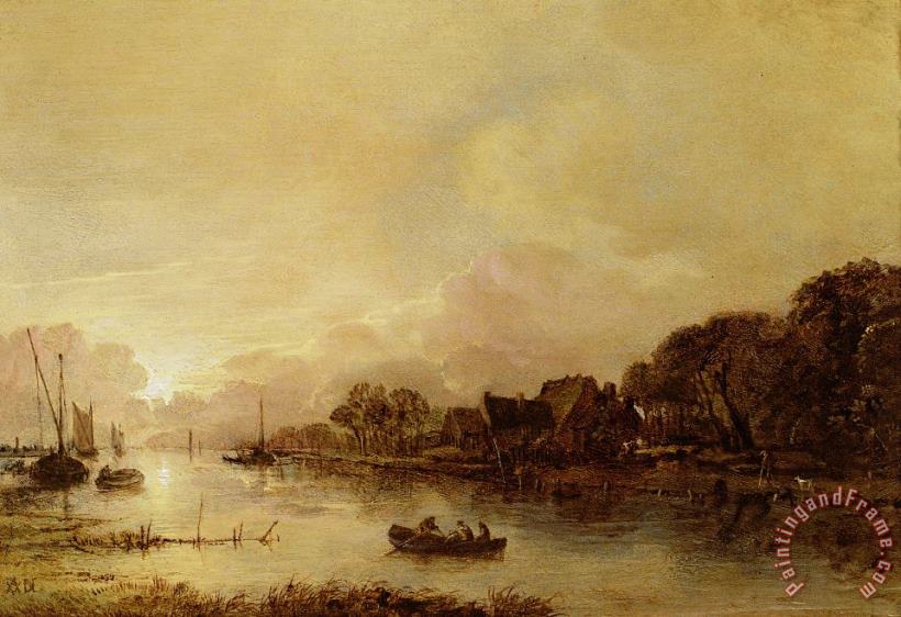 River landscape painting - Aert van der Neer River landscape Art Print