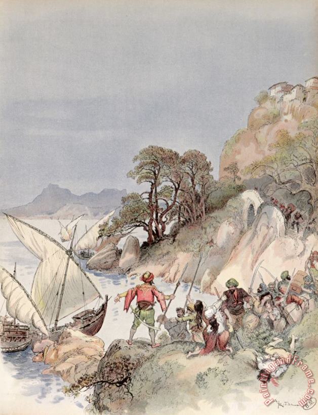Albert Robida Pirates From The Barbary Coast Capturin Gslaves On The Mediterranean Coast Art Painting