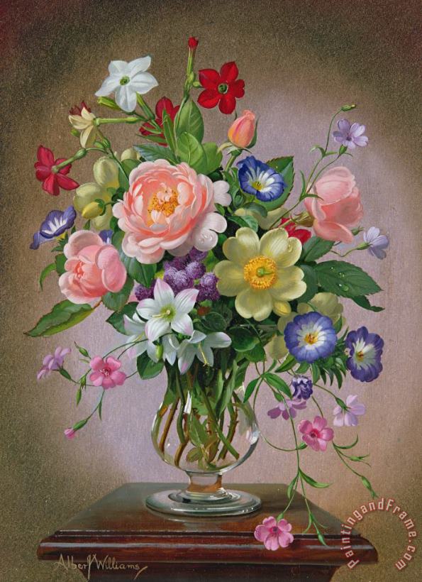 Roses Peonies And Freesias In A Glass Vase painting - Albert Williams Roses Peonies And Freesias In A Glass Vase Art Print