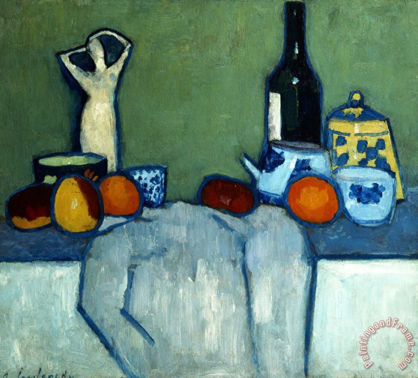 Still Life with Bottle, Fruit And Figure painting - Alexei Jawlensky Still Life with Bottle, Fruit And Figure Art Print