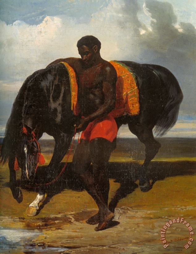 Alfred Dedreux African Keeping a Horse at The Side of a Sea Art Painting