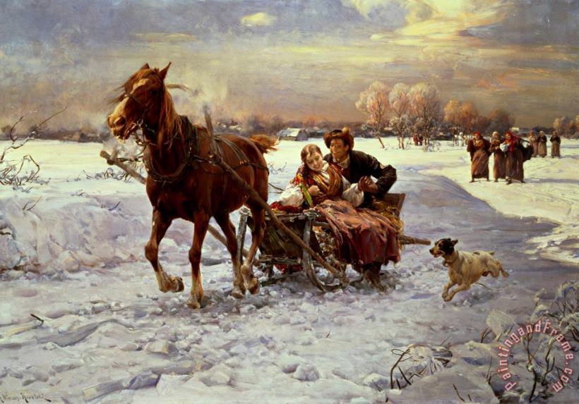 Alfred von Wierusz Kowalski Lovers in a sleigh Art Painting