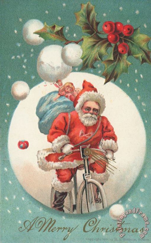 American School American Christmas Card With A Cycling Father Christmas With His Sack Of Gifts Art Painting