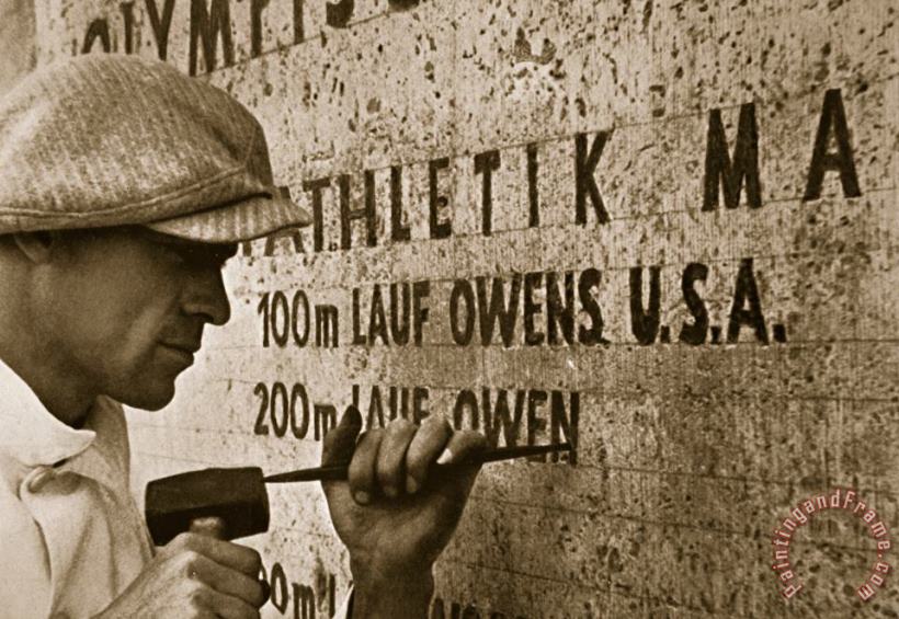 Carving the name of Jesse Owens into the champions plinth at the 1936 Summer Olympics in Berlin painting - American School Carving the name of Jesse Owens into the champions plinth at the 1936 Summer Olympics in Berlin Art Print