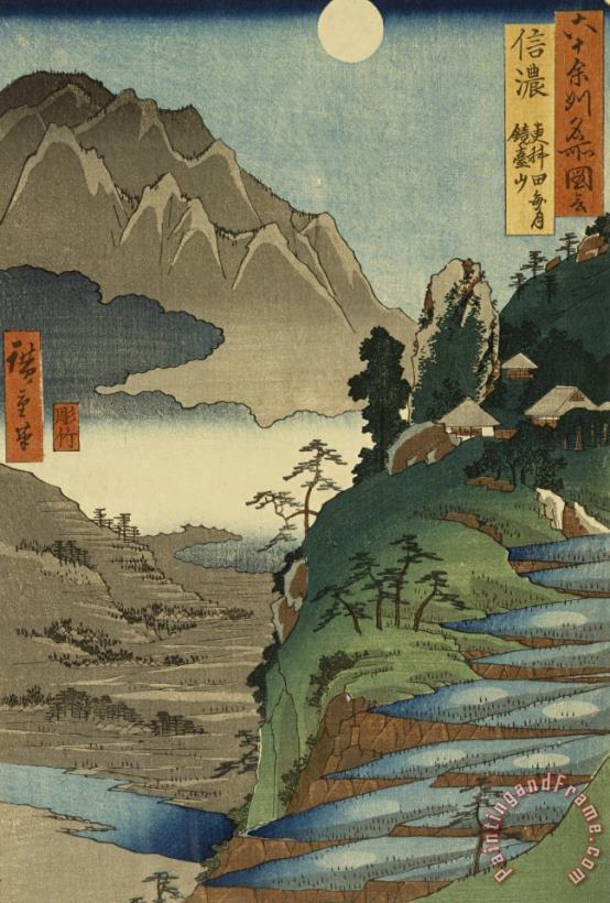 Ando Hiroshige Mt. Kyodai And The Moon Reflected in The Rice Fields at Sarashina in Shinano Province, No. 25 From Famous Views of The 60 Odd Provinces Art Painting