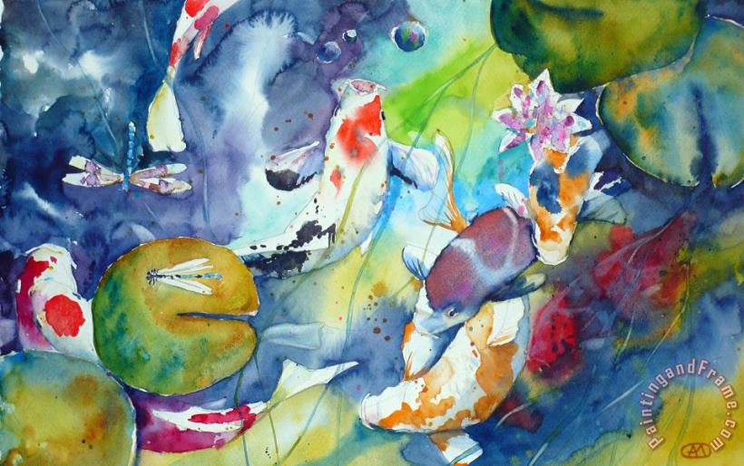 Andre Mehu Dragonflies and koi fishes Art Painting