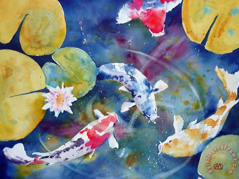 Koi and waterlily flower painting - Andre Mehu Koi and waterlily flower Art Print