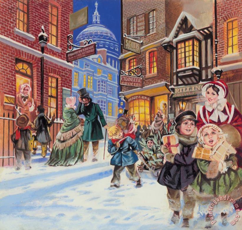 Angus McBride Dickensian Christmas Scene Art Painting