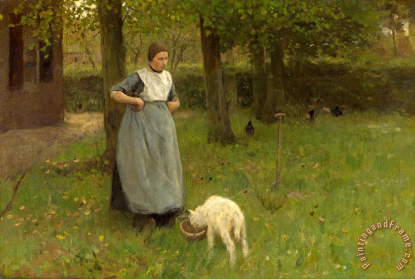 Woman From Laren with Lamb painting - Anton Mauve Woman From Laren with Lamb Art Print