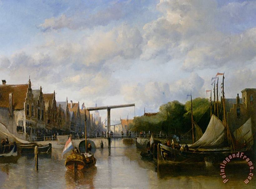 Antonie Waldorp A Busy Canal in a Dutch Town Art Painting