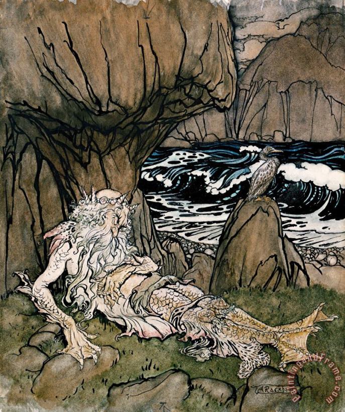 A Crowned 'merman' a Sea God Sleeping on a Rocky Shore painting - Arthur Rackham A Crowned 'merman' a Sea God Sleeping on a Rocky Shore Art Print