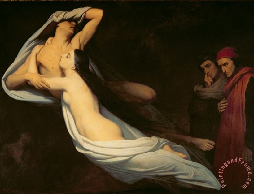 Ary Scheffer The figures of Francesca da Rimini and Paolo da Verrucchio appear to Dante and Virgil Art Painting