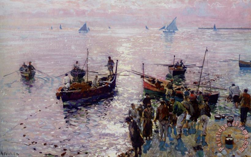 Attilio Pratella Loading The Boats at Dawn Art Painting