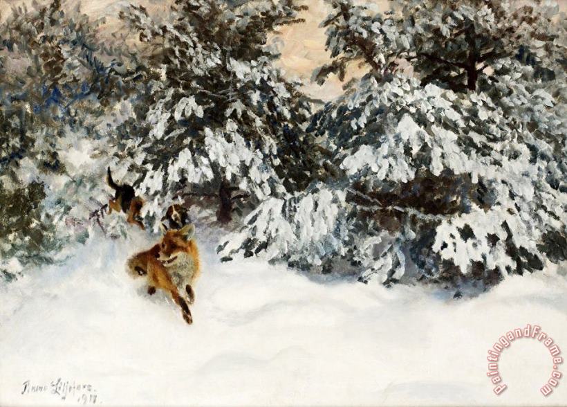 Bruno Liljefors Winter Landscape with Fox And Hounds Art Painting