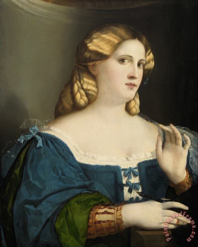 called Palma il Vecchio Jacopo Negretti Young Woman in a Blue Dress, with Fan Art Painting