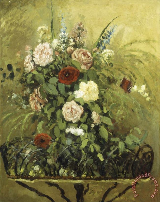 Camille Pissarro Bouquet of Flowers with a Rustic Wooden Jardiniere Art Painting