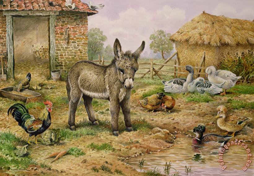 Donkey and Farmyard Fowl painting - Carl Donner Donkey and Farmyard Fowl Art Print