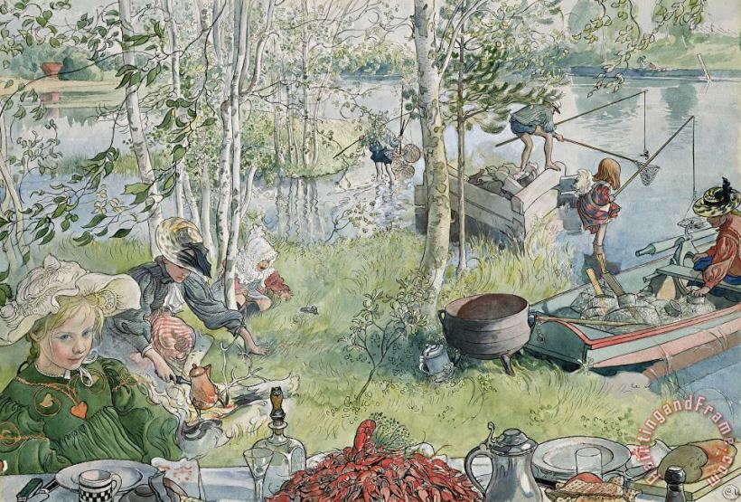 Crayfishing painting - Carl Larsson Crayfishing Art Print