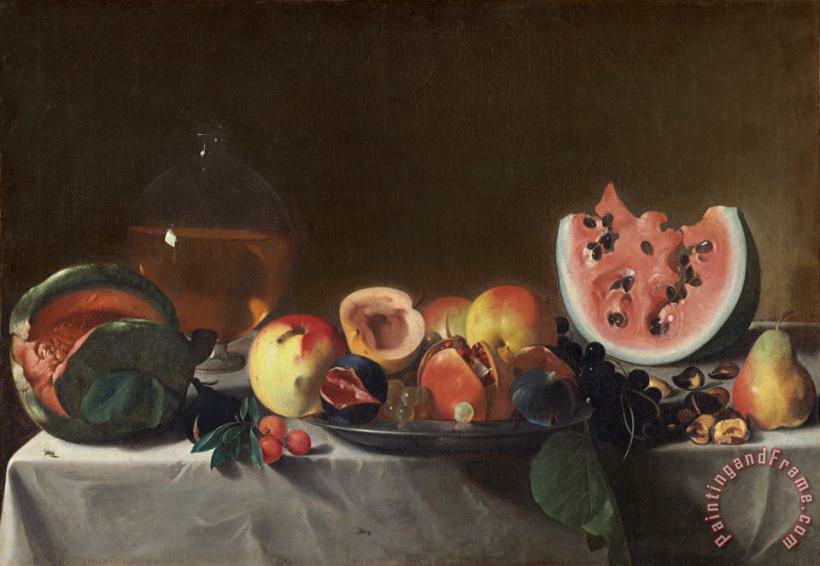 Carlo Saraceni Still Life With Watermelons And Carafe Of White Wine Art Print