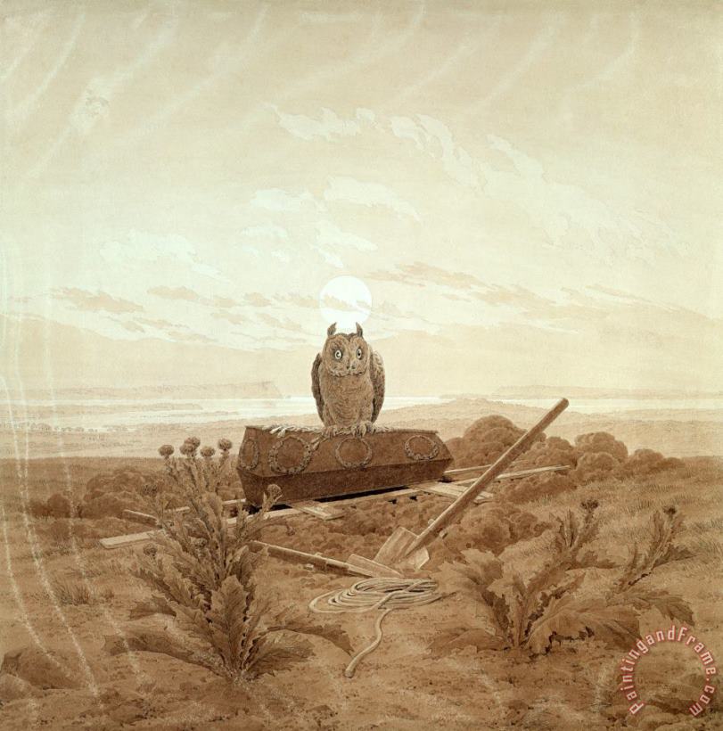 Caspar David Friedrich Landscape with Grave, Coffin And Owl (sepia Ink And Pencil on Paper) Art Painting