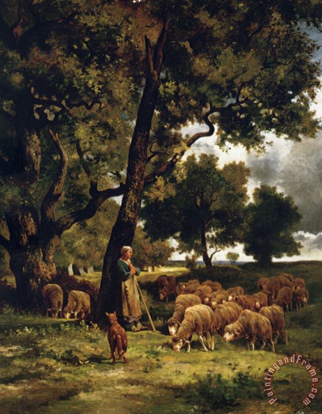 Charles Emile Jacque The Shepherdess And Her Flock Art Painting