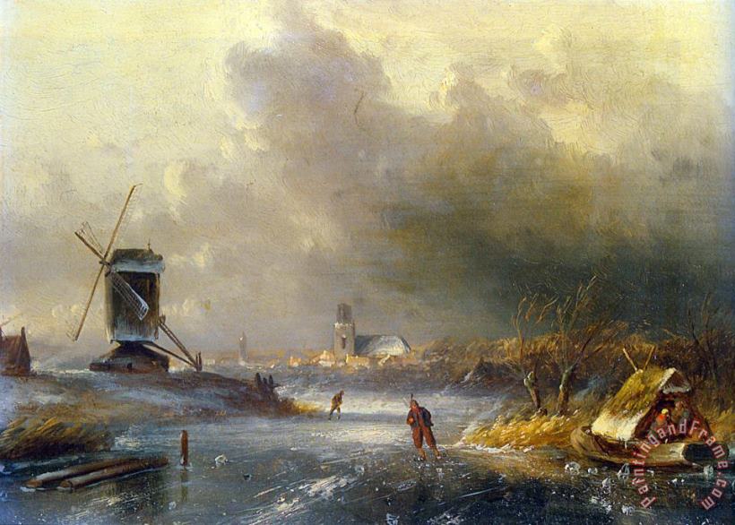 Charles Henri Joseph Leickert Winter Landscape with Skaters on a Frozen River Art Painting