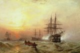 Claude T Stanfield Moore - Man-o-War firing a salute at sunset painting