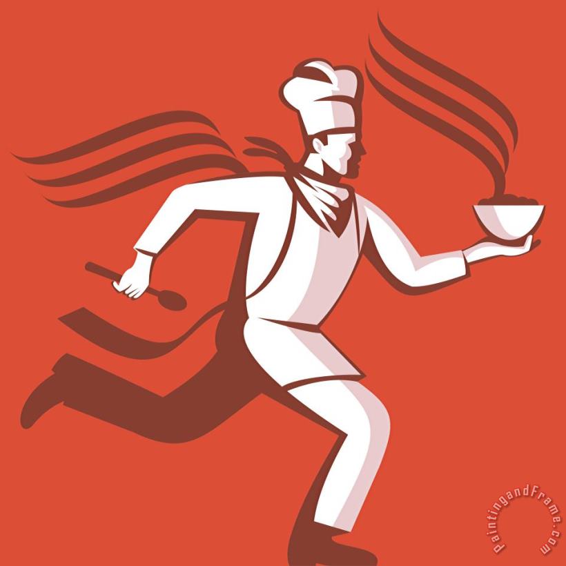 Chef Cook Baker Running With Soup Bowl painting - Collection 10 Chef Cook Baker Running With Soup Bowl Art Print
