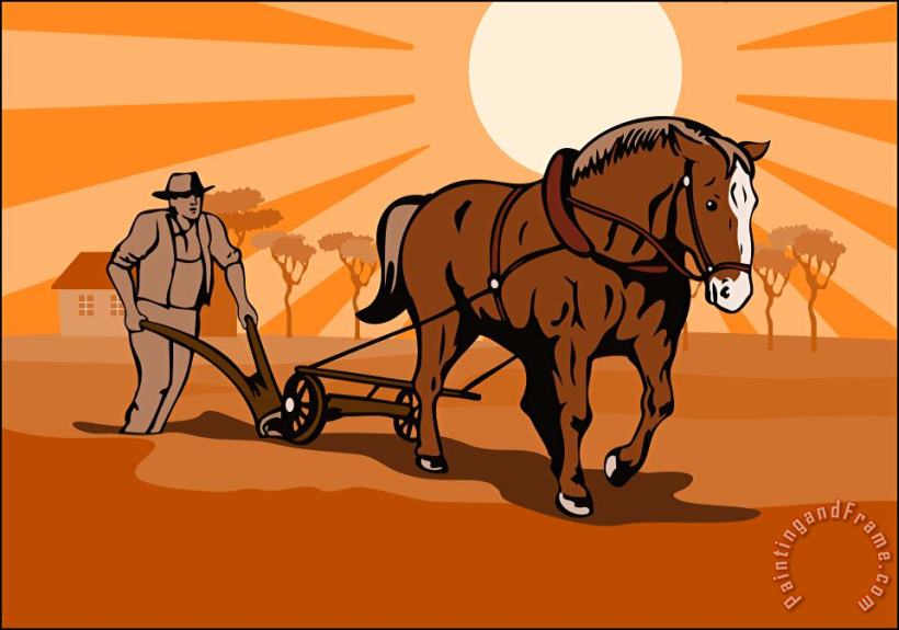 Collection 10 Farmer and Horse Plowing Farm Retro Art Print