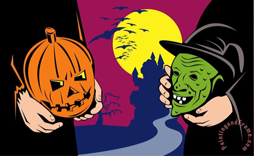 Collection 10 Halloween Mask Jack-O-Lantern Witch Retro Art Print