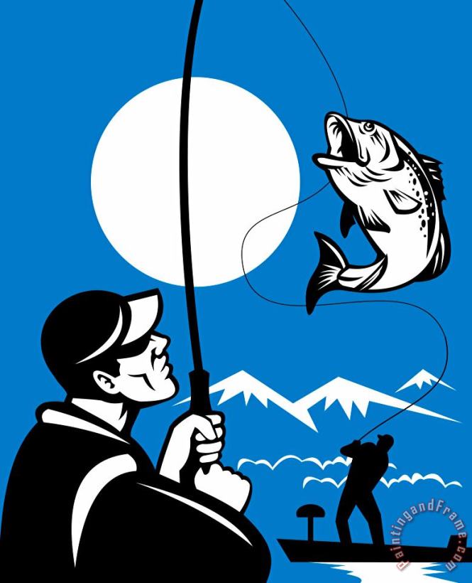 Largemouth Bass Fish and Fly Fisherman painting - Collection 10 Largemouth Bass Fish and Fly Fisherman Art Print