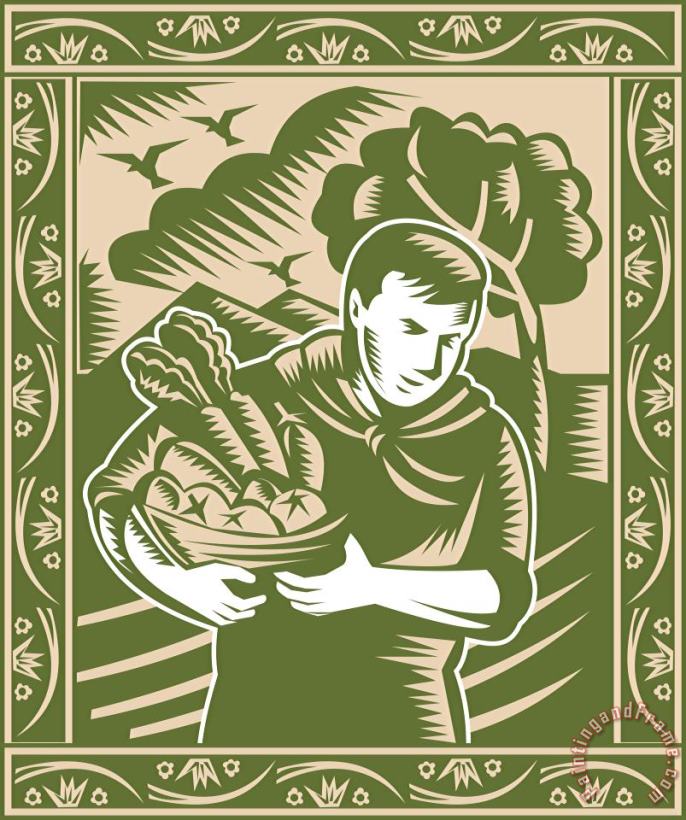 Organic Farmer With Basket Harvest Crops Retro painting - Collection 10 Organic Farmer With Basket Harvest Crops Retro Art Print