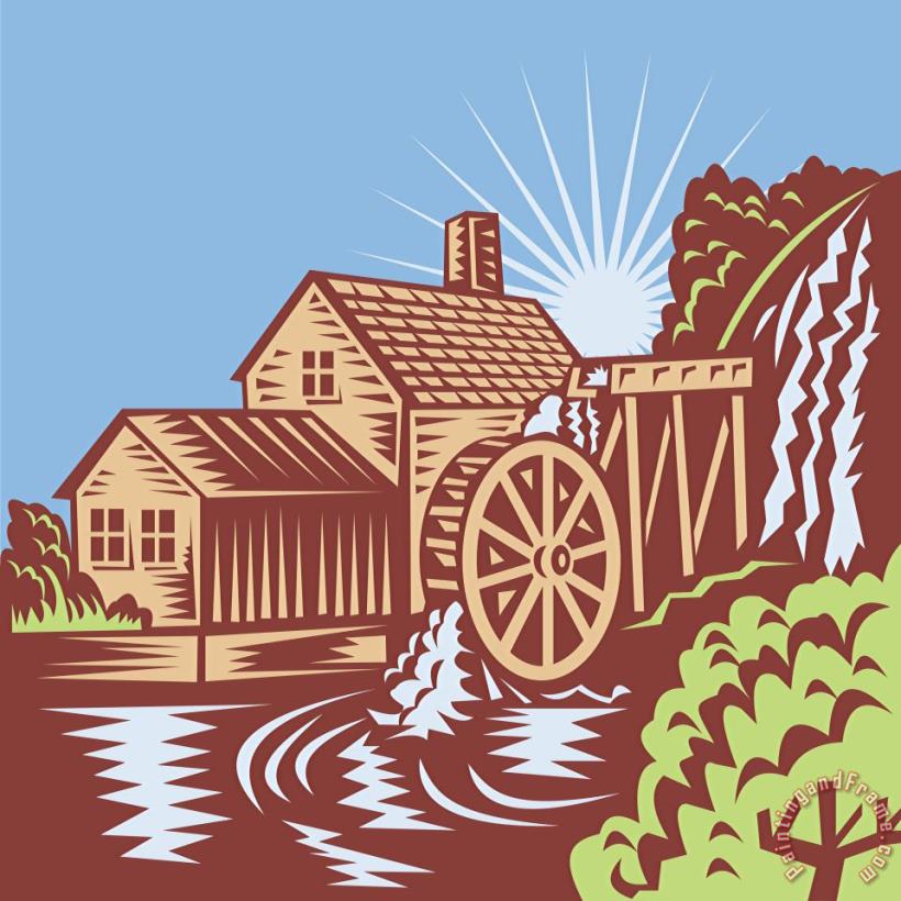 Collection 10 Water Wheel Mill House Retro Art Painting