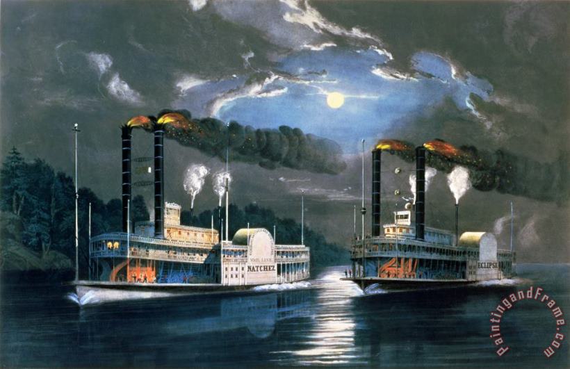 Currier and Ives A Midnight Race on the Mississippi Art Painting