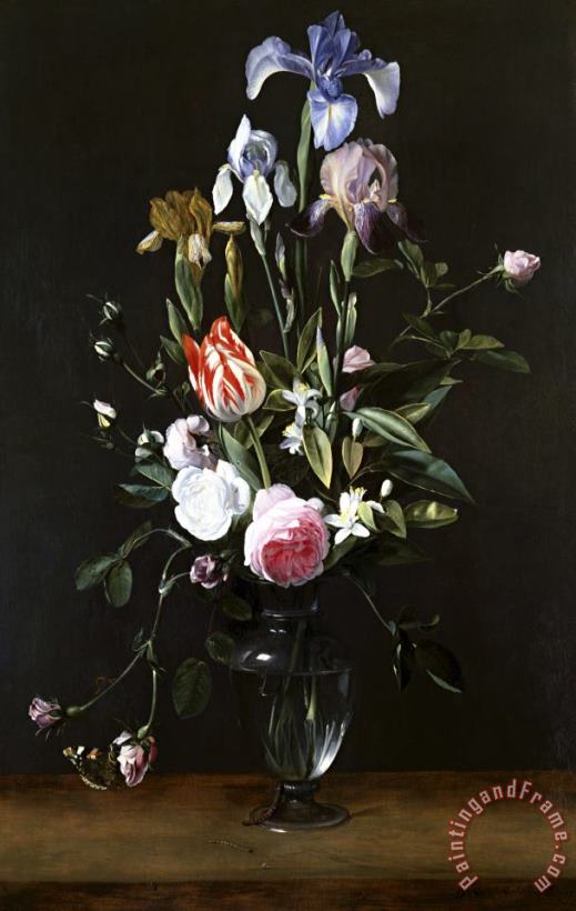 Daniel Seghers Flowers in a Glass Vase Art Painting