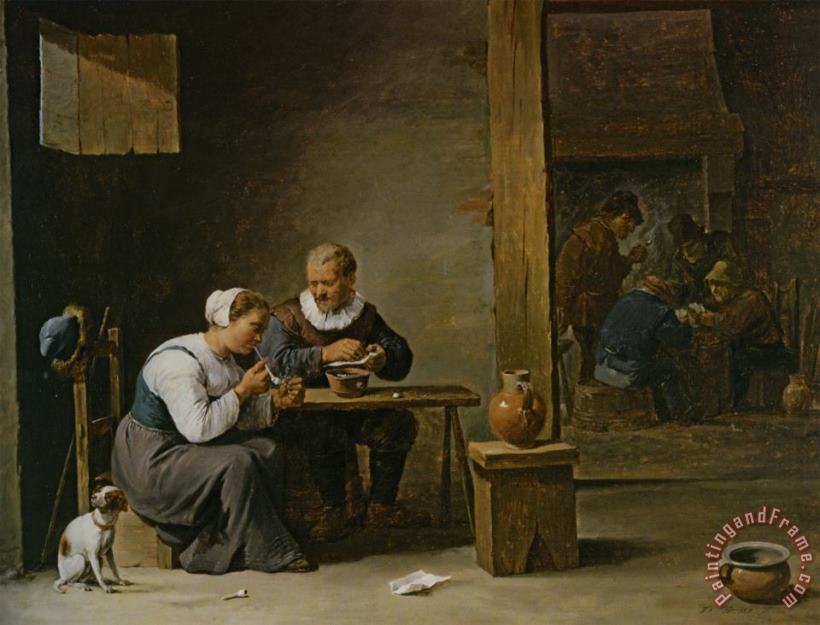 David the younger Teniers A Man And Woman Smoking a Pipe Seated in an Interior with Peasants Playing Cards on a Table Art Print