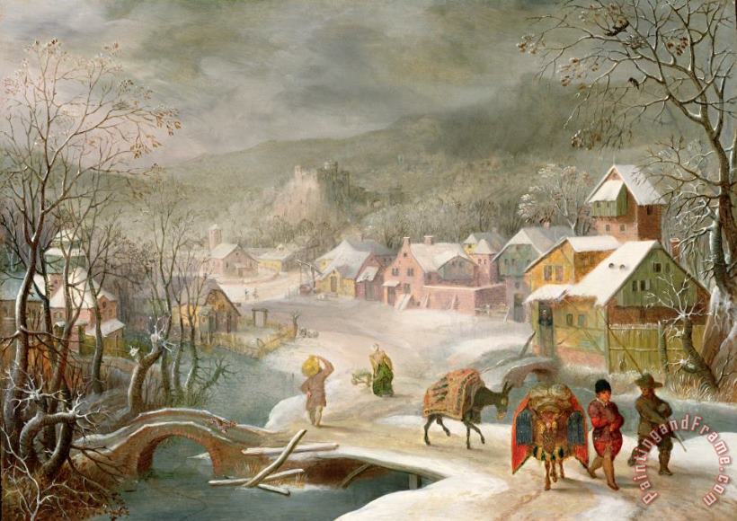 A Winter Landscape with Travellers on a Path painting - Denys van Alsloot A Winter Landscape with Travellers on a Path Art Print