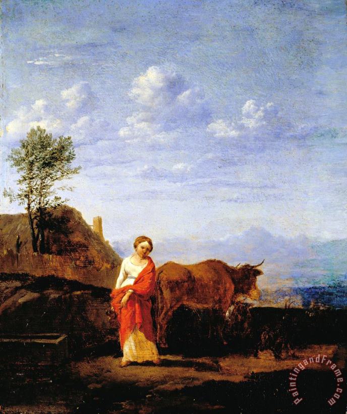 A Woman with Cows on a Road painting - Du Jardin, Karel A Woman with Cows on a Road Art Print