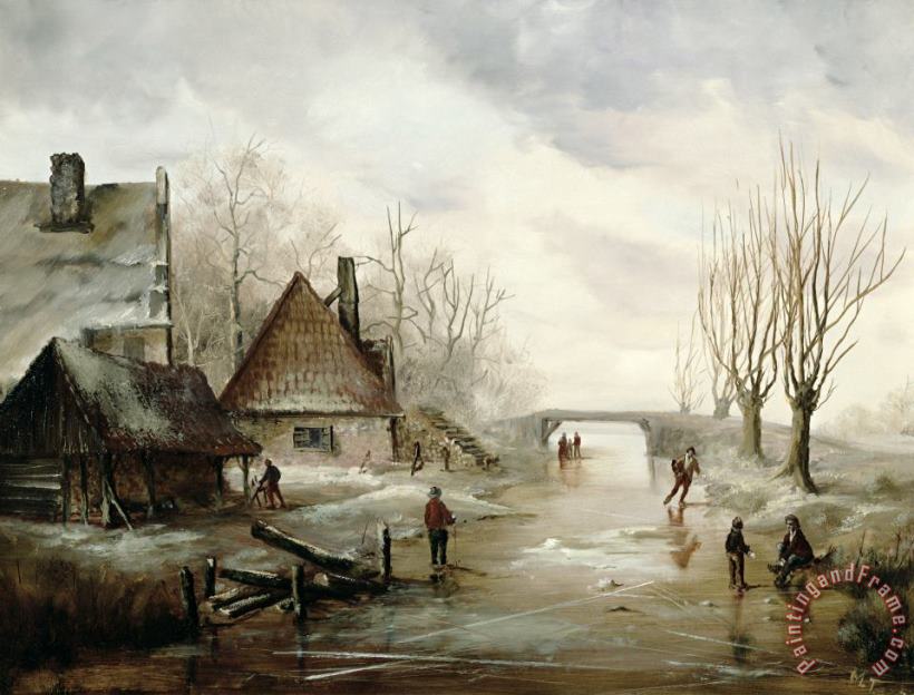Dutch School A Winter Landscape with Figures Skating Art Painting