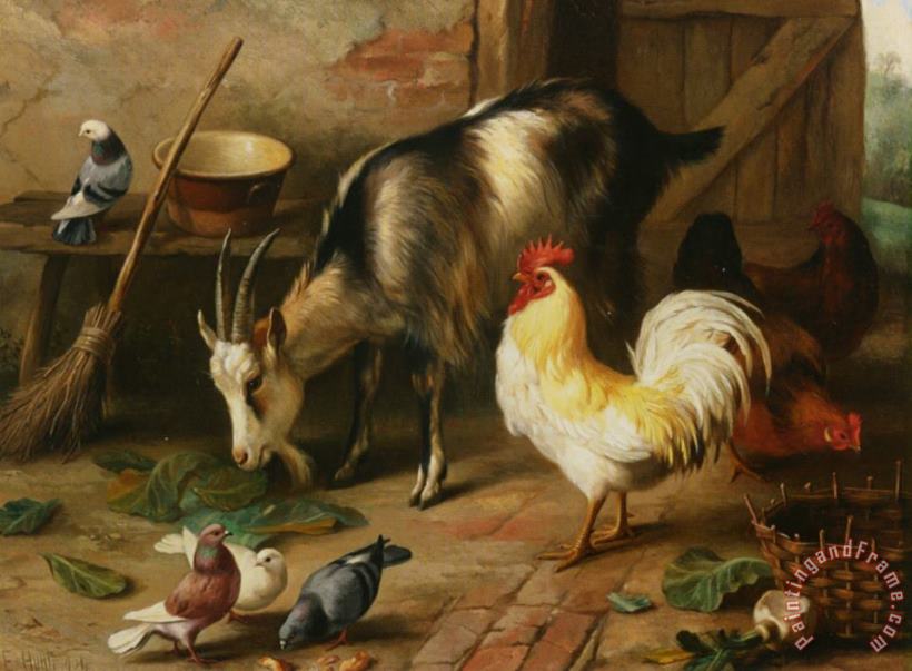 Edgar Hunt A Goat Chicken And Doves in a Stable Art Painting