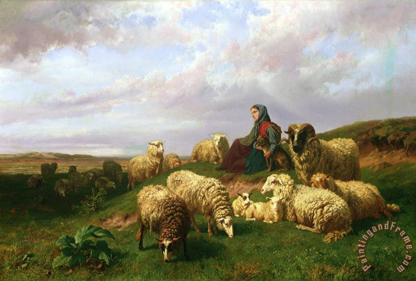 Shepherdess resting with her flock painting - Edmond Jean-Baptiste Tschaggeny Shepherdess resting with her flock Art Print