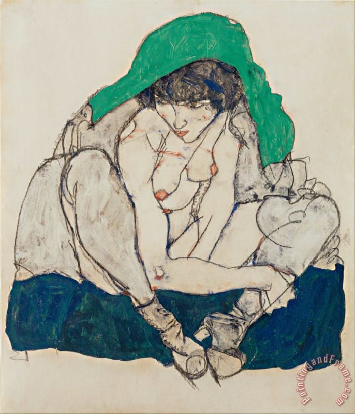 Egon Schiele Crouching Woman with Green Headscarf Art Painting