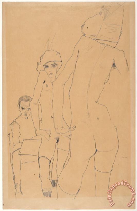 Schiele with Nude Model Before The Mirror, 1910 painting - Egon Schiele Schiele with Nude Model Before The Mirror, 1910 Art Print