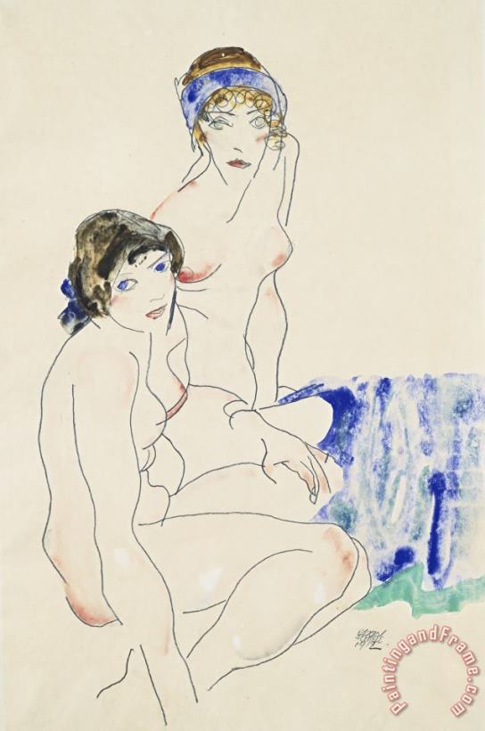 Egon Schiele Two Female Nudes by The Water Art Painting