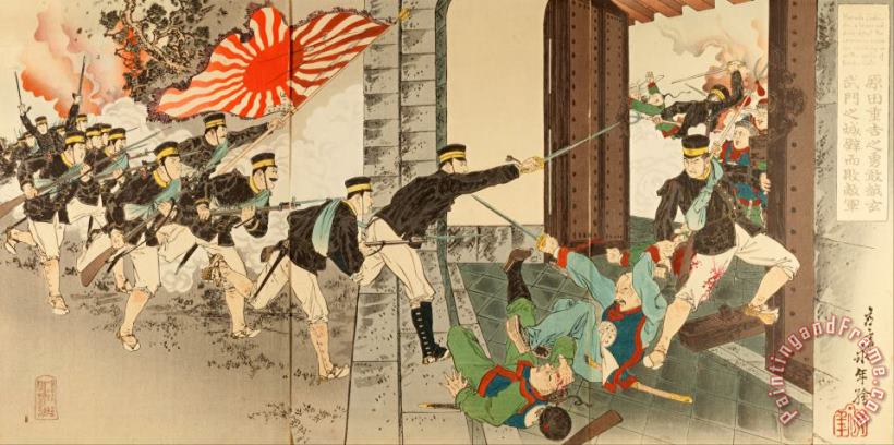 Einen Harada Jyukichi, a Brave Soldier Defeated Immense Enemies by Climbing Over The Wall of The Northern ... Art Painting
