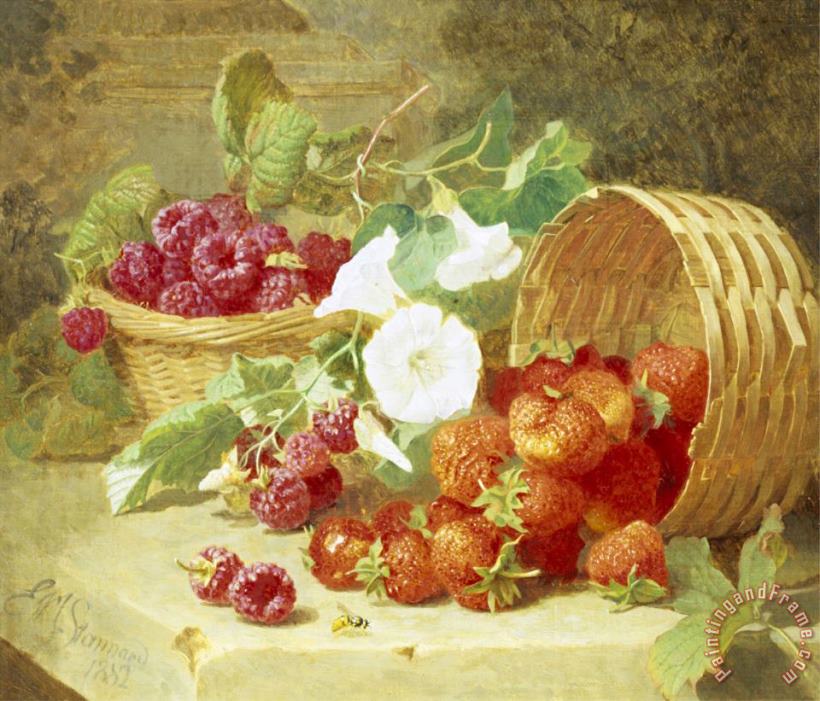 Baskets of Strawberries Raspberries And Convolvulus painting - Eloise Harriet Stannard Baskets of Strawberries Raspberries And Convolvulus Art Print